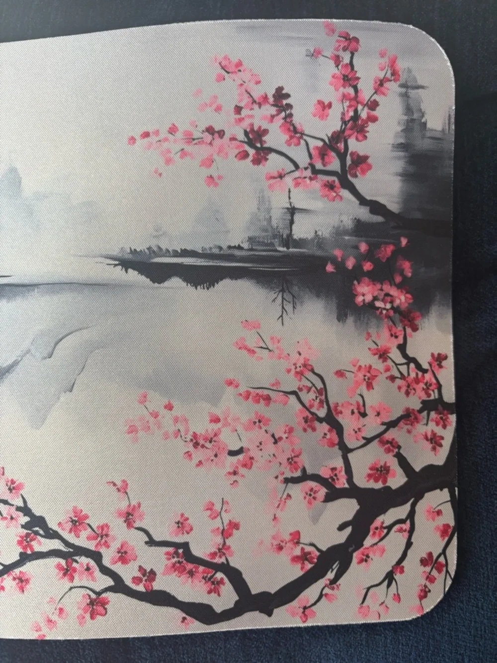 Cherry Blossom Print Mouse Pad - Pink & Black Scenic Design